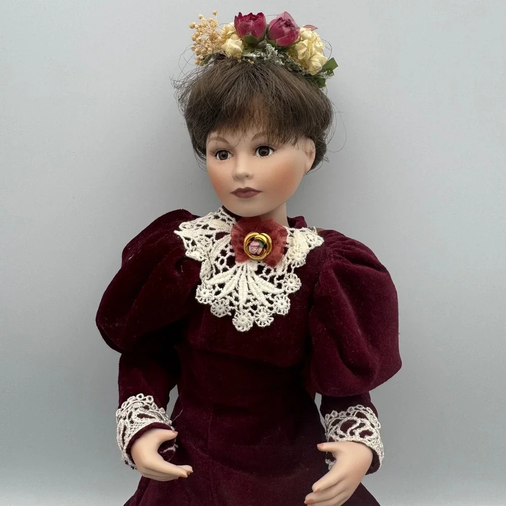 Vintage‎ Porcelain Doll Victorian Burgundy Velvet Dress Floral Hairpiece W Chair